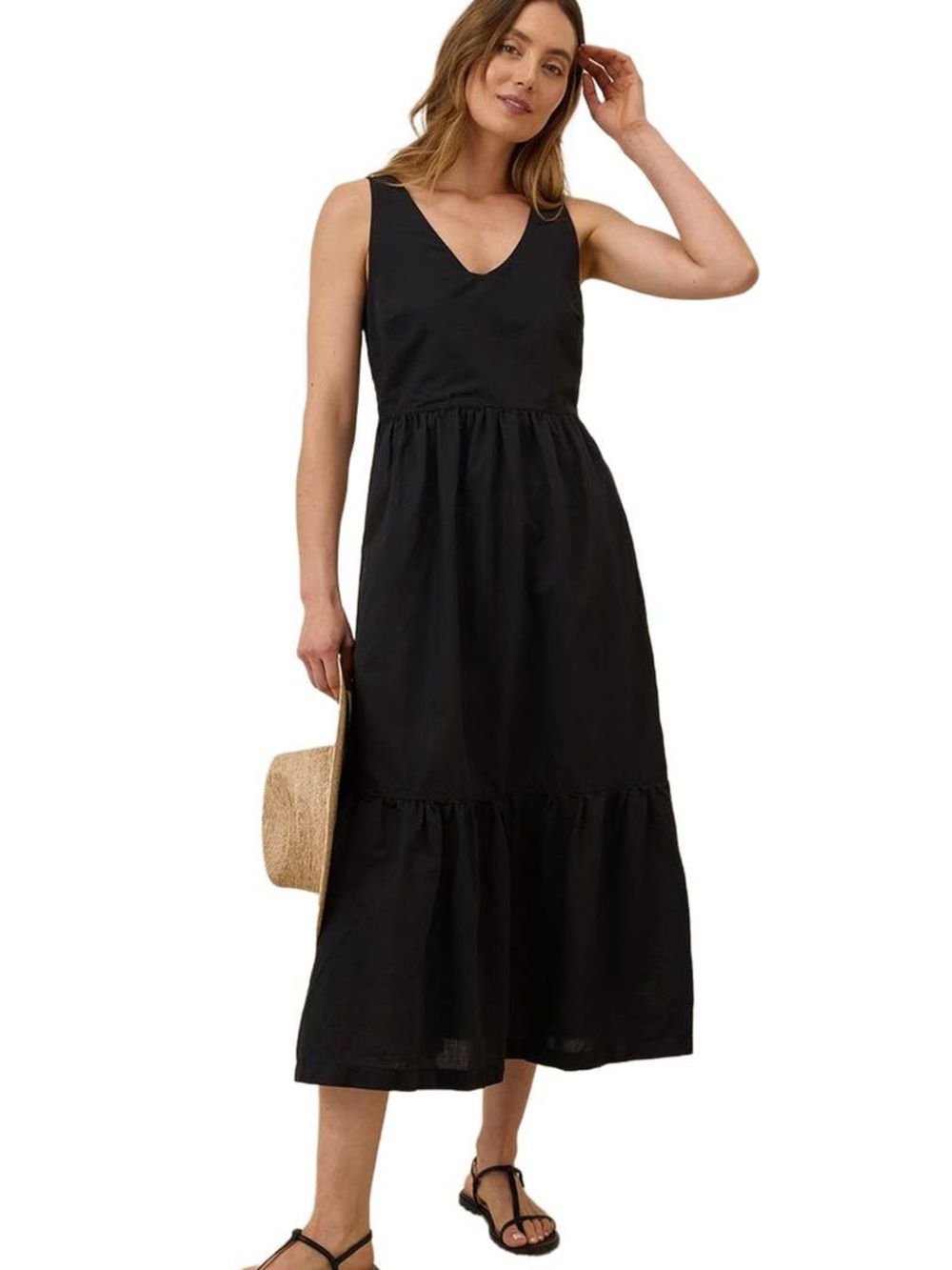 Pact Canopy organic cotton linen black tiered midi dress